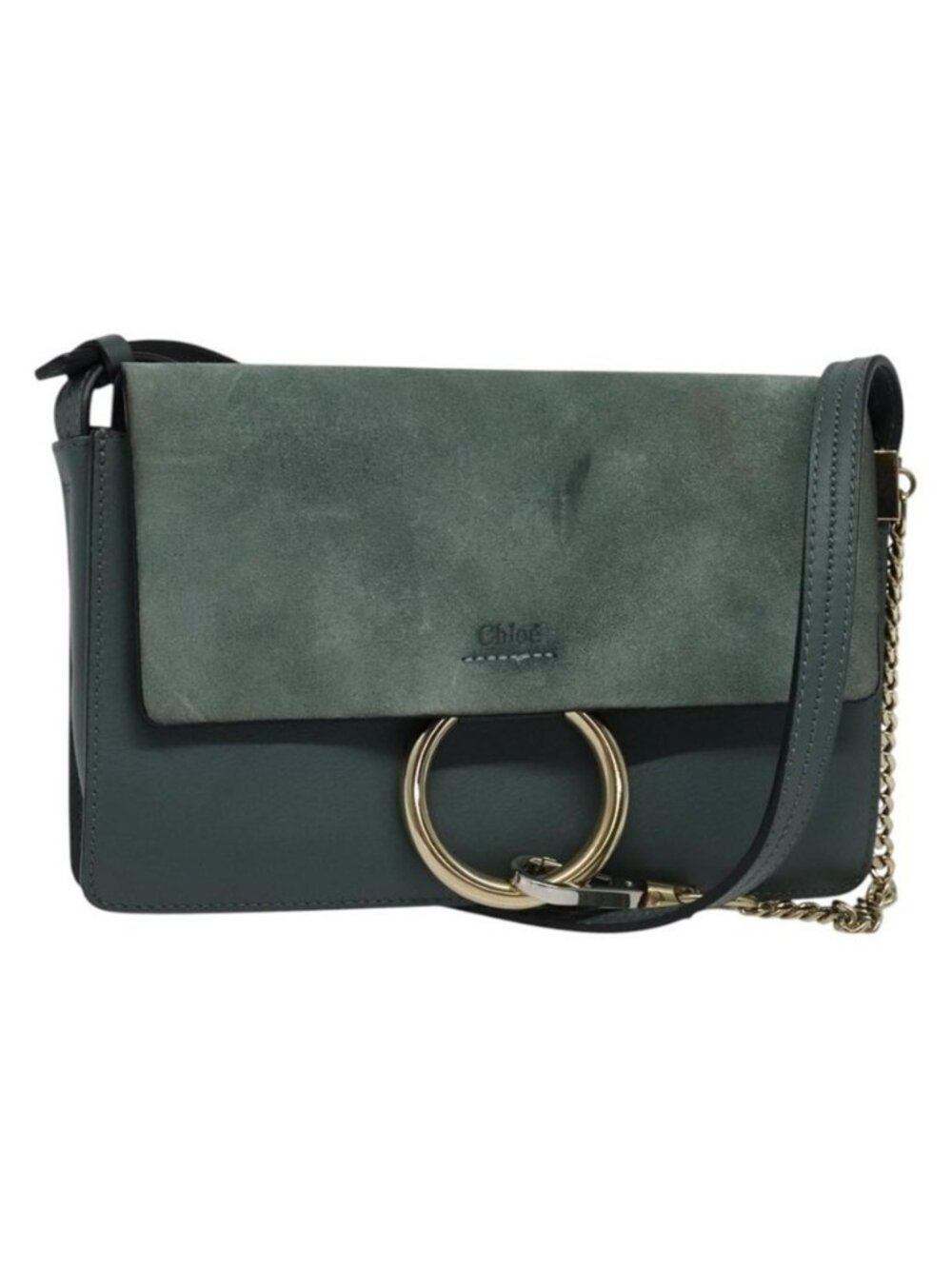 Authentic Chloe Fay Shoulder Bag Suede Leather Blue Gold